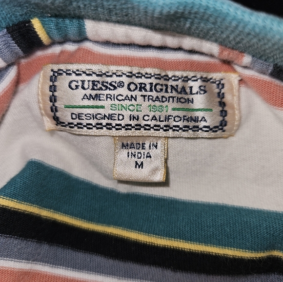 Vintage Guess Green and White Striped 100% Organic Cotton T-Shirt Size M - Picture 3 of 5